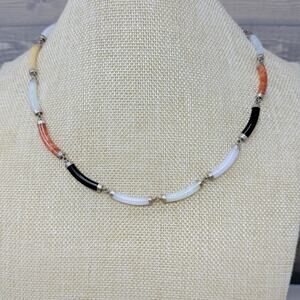 Vintage Multi Color Jade Barrel Bar Sterling Silver Link Necklace